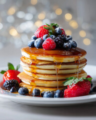 Fluffy Pancakes with Fresh Berries and Maple Syrup