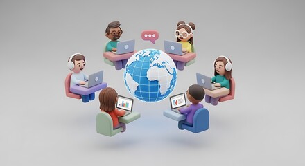 Diverse group of people working on laptops around a globe, connected through technology and communication.
