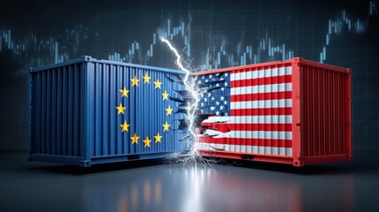 International trade conflict. Containers depicting EU and US flags with a backdrop of financial charts and a crack effect.