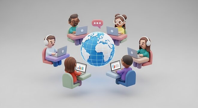Diverse group of people working on laptops around a globe, connected through technology and communication.