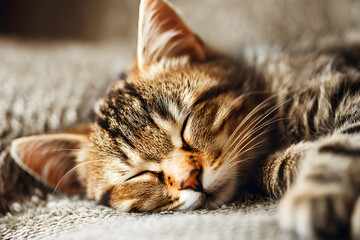 Cute sleeping kitten on a cozy blanket