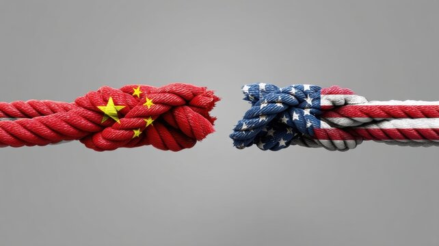 International trade conflict. Rope intertwined with Chinese and American flags symbolizes conflict and cooperation.