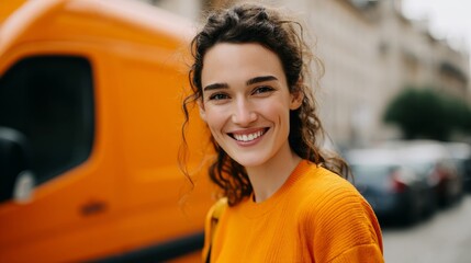 Smiling delivery professional in orange, exuding warmth and approachability, embodying reliable service with a personal touch.
