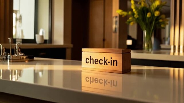 Wooden Check-In Sign at a Modern Hotel Reception Desk