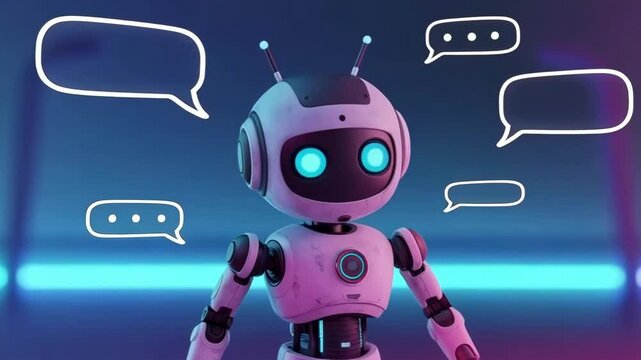 A cute robot is communicating with speech bubbles in a futuristic setting