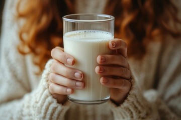 Lactose intolerance concept. Woman refusing to drink a glass of milk due to  discomfort, Generative AI