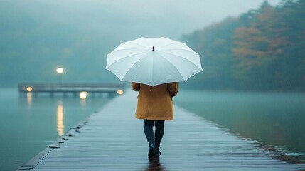 Rainy Day Walk on a Lake Pier