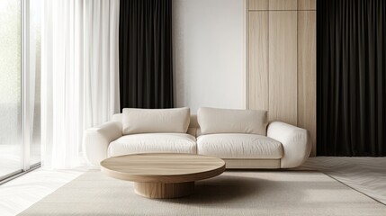 Minimalist living room featuring a cream sofa, round wooden coffee table, light beige rug, and floor-to-ceiling curtains in white and dark grey