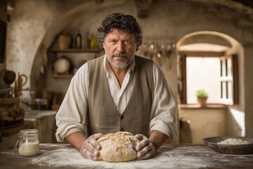 A focused male baker looks warmly at the camera, his hands covered in flour, holding a large ball of bread dough he has just prepared from scratch.
