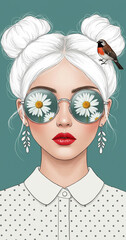 Floral Fashion Illustration Girl with Daisies Reflected in Sunglasses and Bird on Hair Buns