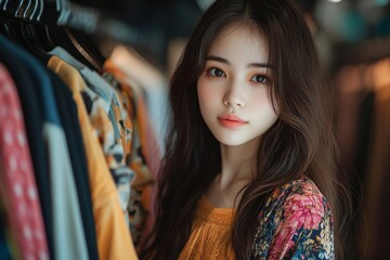 Asian female considering clothing options for a date night, evaluating outfits for a stylish evening out, Generative AI