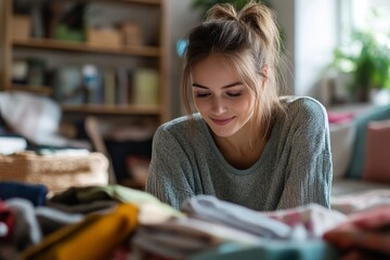 Housewife cleaning up clutter in the living room, organizing and tidying the home, Generative AI