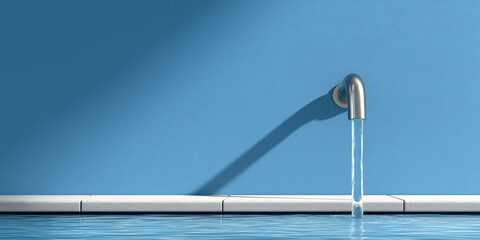 Water flowing from the faucet into a swimming pool, against a blue background.