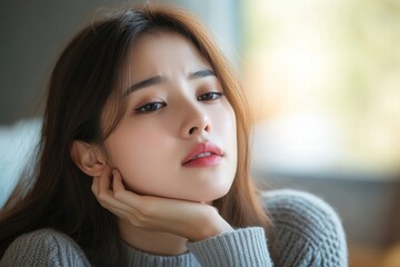 Sore throat during flu season: Young Asian woman touching her neck, feeling pain in her throat while resting at home, Generative AI