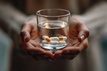 Healthcare harmony: Close-up hands holding medication and a glass of water for optimal wellness and mental health care, Generative AI