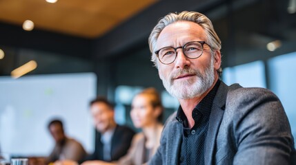 Fototapeta premium Calm and assertive business leader sharing insights in group meeting, conference room setup.