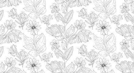 Floral doodle pattern with leaves and flowers on white background  