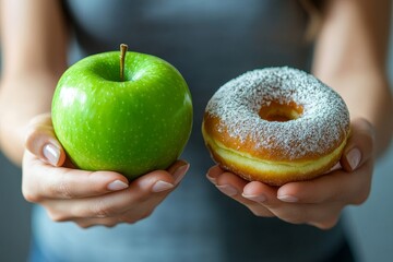 Woman on a healthy diet concept: Close-up of a female choosing green apple and vegetables over a tempting donut for better health, Generative AI