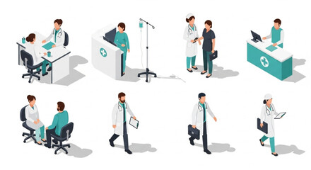 Isometric Medical Professionals Doctors, Nurses, and Healthcare Workers Vector Illustration