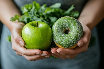 Woman on a healthy diet concept: Close-up of a female choosing green apple and vegetables over a tempting donut for better health, Generative AI