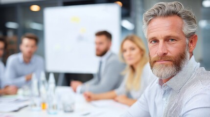 Fototapeta premium Calm and assertive business leader sharing insights in group meeting, conference room setup.