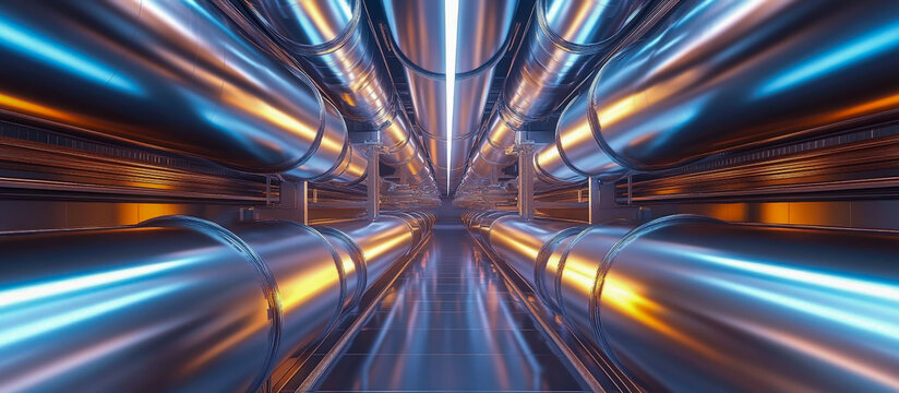 An intricate arrangement of metal pipes with polished, chrome-like finishes creates an elegant, tunnel-like structure enhanced by reflected light effects and futuristic design elements.