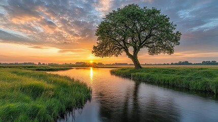 Obraz premium Sunrise River Landscape: Tree, Grass, Sky