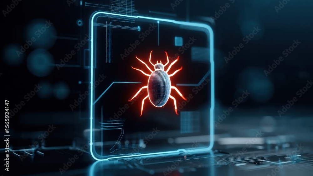 Poster data leak, spyware. digital illustration of a computer bug within a high-tech interface.