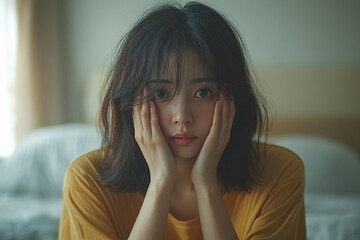 Family problems: Asian woman covering her face, sitting separately from her husband, feeling disappointed after a quarrel at home, Generative AI