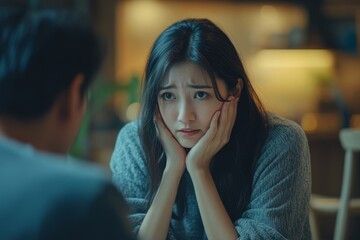 Family problems: Asian woman covering her face, sitting separately from her husband, feeling disappointed after a quarrel at home, Generative AI