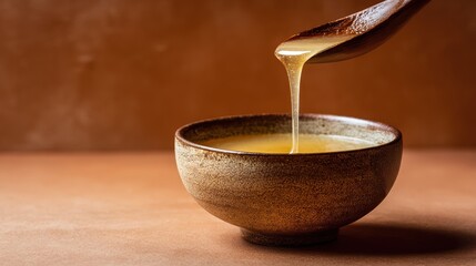 Benefits of Bone broth. Delicious sauce dripping from a wooden spoon into a textured bowl on a warm background.