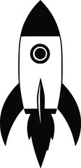 Bold black vector rocket ship icon; simple, minimalist design.