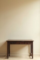 Fototapeta premium Dark Brown Wooden Console Table Three Drawers Beige Wall