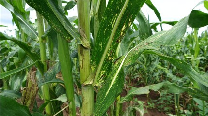 Obraz premium Fall armyworm damaging maize leaves in a cornfield, showing pest infestation by Spodoptera frugiperda causing crop loss and agricultural damage in farming environment