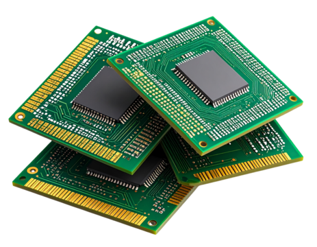 Stack of Computer Microchips with Detailed Circuit Patterns Isolated on Transparent Background