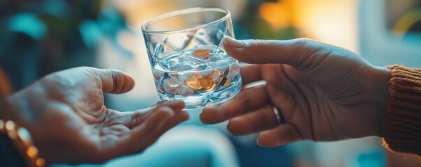 Healthcare harmony: Close-up hands holding medication and a water glass, emphasizing optimal wellness through pharmaceutical and mental health treatments, Generative AI