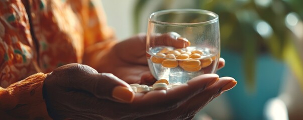 Healthcare harmony: Close-up hands holding medication and a water glass, emphasizing optimal wellness through pharmaceutical and mental health treatments, Generative AI