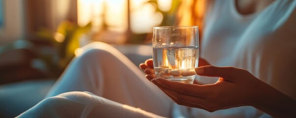 Healthcare harmony: Close-up hands holding medication and a water glass, emphasizing optimal wellness through pharmaceutical and mental health treatments, Generative AI