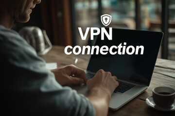 Man using laptop with VPN connection icon for online privacy and security, suitable for tech - related presentations, website designs, and digital security - themed projects 