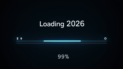 Loading screen design for 2026 with "Loading 2026" text, progress bar at 99%, location - pin and gear icon elements on dark background 