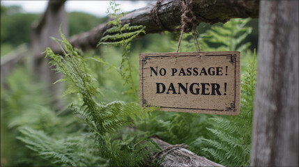 Old wooden fence with a bold warning sign reading "No passage! Danger!" blocking access to a natural area surrounded by green grass, ferns, and vegetation, symbolizing caution and restricted entry