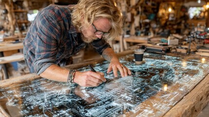 Modern man in casual-smart outfit interacts with a transparent holographic interface and AI assistant at a standing desk in a cozy sunlit home office.