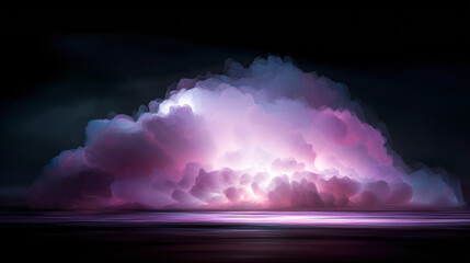 Dramatic pink and purple cloudscape with glowing light against a dark sky. Ideal for backgrounds, digital art, or atmospheric design themes.
