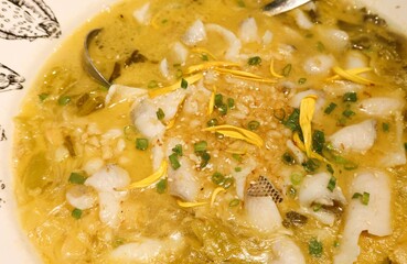 close up of Chinese Sichuan spicy and sour Boiled Fish with Pickled Cabbage
