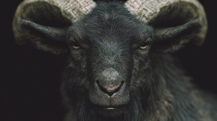 Fototapeta premium Captivating Portrait of a Majestic Goat: A Close-Up Look at Nature's Wild Beauty with Stunning Details and Intense Expression in a Dark Background