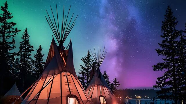 Northern lights over tipis