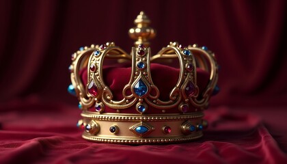 Gold crown with jewels on red velvet background