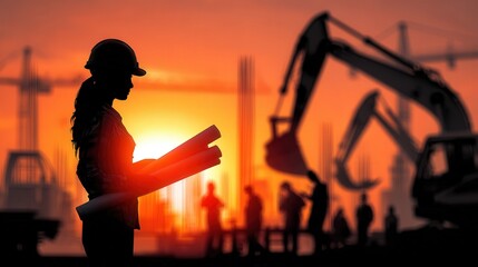 Woman architect with rolled blueprints watches robotic arms 3D print a wall at dawn, dramatic sunrise shadows embracing the modern site.