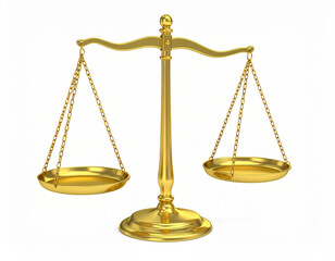 A detailed gold balanced scale representing justice and fairness on a plain white background, isolated and rendered in a studio shot.