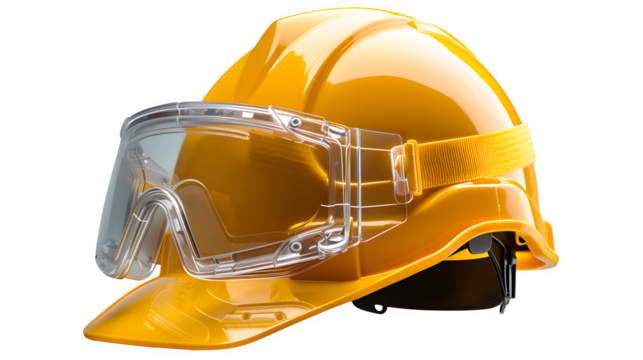Yellow Industrial Safety Helmet with Goggles, isolated on transparent background